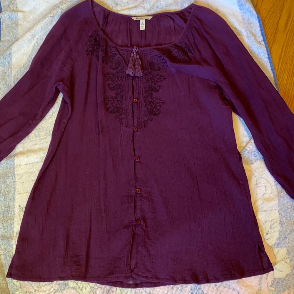 BoHo style, Bass, size large, maroon, LS, blouse.